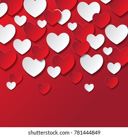 Valentine's day abstract romantic background with cut paper hearts. Vector illustration. Paper hearts cut from paper. International holiday of lovers. Festive banner or poster