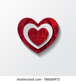 Valentine's day abstract romantic background with cut paper hearts. Vector illustration. Paper hearts cut  with ornament. International holiday of lovers. Festive banner or poster