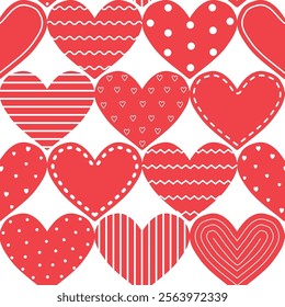 Valentine's Day Abstract Seamless Pattern. Beautiful Red Hearts. Happy Valentines Day Print. Vector illustration in Red and White 