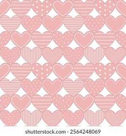 Valentine's Day Abstract Seamless Pattern. Pink Hearts with Different Patterns. Happy Valentines Day Print. Vector illustration in Pink and White