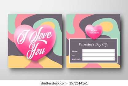 Valentines Day Abstract Vector Greeting Gift Card Background. Back and Front Design Layout with Modern Typography and Pastel Colors Pattern. Soft Shadows and Gradients Realistic Heart. Isolated.