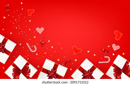 Accesorios de San Valentín en una mesa. Banner vectorial 3d con espacio de copia