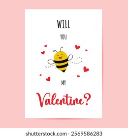 Valentines day. Adorable Romantic Card with lettering, Cute Happy Bee Character and Red Hearts