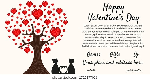 Valentine's Day ads vector banner design. Valentine Day horizontal  banner with romantic Valentine tree with heart shaped crown couple black cats and bold holiday message. EPS 10