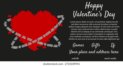 Valentine's Day ads vector banner design. Valentine Day horizontal  banner with trendy Glitch effect distorted pixel red heart and bold holiday message. EPS 10