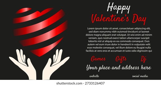 Valentine's Day ads vector banner design. Valentine Day horizontal  banner with trendy Gradient Ribbon red heart in hands and bold holiday message. EPS 10