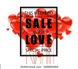 Valentines Day. Advertising sale. Black inscription SALE with LOVE  on a white background and  pink balloons in the shape of a heart. Vector illustration.