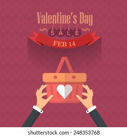 Valentine's Day Advertising and Sale Website Banner. Hand hold Shopping Basket 