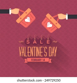 Valentine's Day Advertising and Sale Website Banner. Hand hold Shopping Basket 
