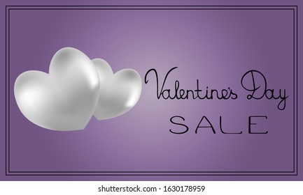 Valentines Day. Advertising web banner. Sale. Colored vector illustration. Volumetric pearl heart. Delicate lilac background. Sale. Lettering. Festive print. Idea for web design, banner, invitation.