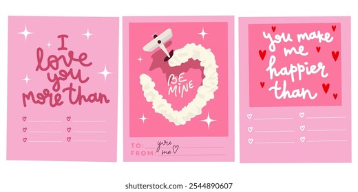 Valentine's day, aesthetics love. 14 February holiday. Valentine's day pink retro card design set. I love you more than. Lover phrase hand drawn write. Love vector print postcard