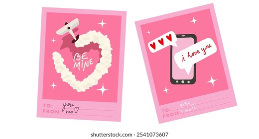 Valentine's day, aesthetics love illustration for 14 February holiday. Love illustration for greeting card. Valentine's day pink retro card design set. Love airplane and love message vintage postcard