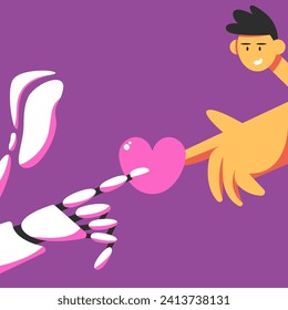 Día de San Valentín. AI Robot y el amor humano Ilustración vectorial plana.
