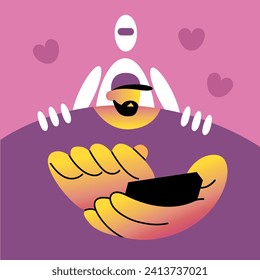 Día de San Valentín.AI Robot espía los mensajes de amor de una persona. Ilustración vectorial plana.