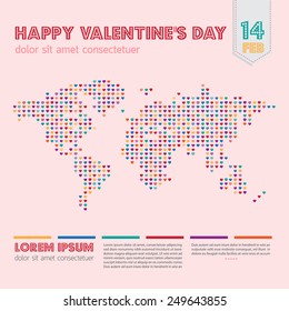 Valentine's day all around the world layout with colorful dots heart world map and pink background.