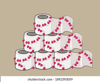 Valentine's Day amid the coronavirus pandemic. 
A roll of toilet paper, a garland of hearts. Vector illustration for flyer, postcard, poster.