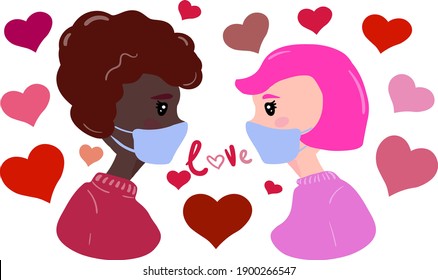 Valentine's day amid the covid-19 pandemic. Two women in love look at each other, they are wearing medical masks. Lesbian couple. Colorful hair.