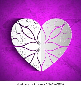 Valentines day amorous background with white paper ornate heart on purple hand drawn elements pattern vector illustration