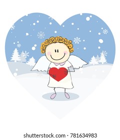 Valentine's Day, Amur, Angel on the Background of the Winter Landscape with the Heart, Vector Illustration