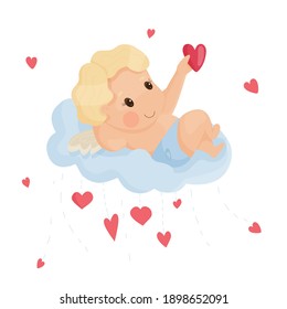 Valentine's Day. An angel is lying on a cloud with a heart in his hand