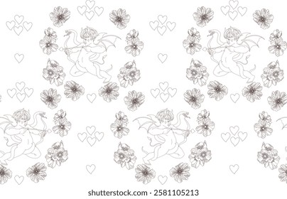 Valentine's Day, angel pattern with arrow and heart, roses for clothes, paper, packaging.	