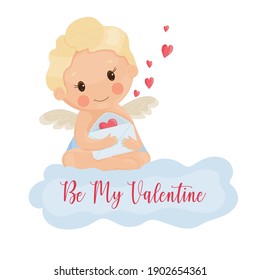 Valentine's Day. An angel sits on a cloud with a letter and hearts