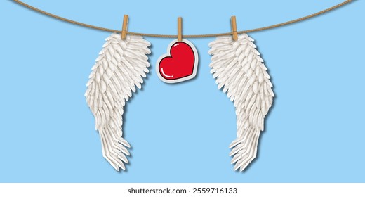 Valentine's Day. Angel wings drying on a clothesline. Vector illustration.