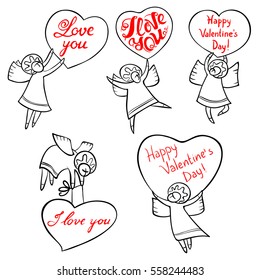 Valentine's Day angels set with cute hand drawn lettering. I love you inspirational quote. Cupids with red hearts. Doodle characters for celebration cards and design