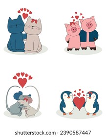 Valentine's Day Animal Couple Collection Of Pig Mouse Penguin And Cat