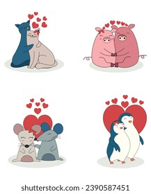 Valentine's Day Animal Couple Collection Of Pig Mouse Cat And Penguin