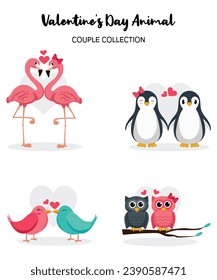 Valentine's Day Animal Couple Collection Of Flamingo Penguin Owl And Bird