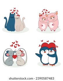 Valentine's Day Animal Couple Collection Of Cat Pig Mouse And Penguin