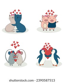 Valentine's Day Animal Couple Collection Of Pig Cat Mouse And Penguin