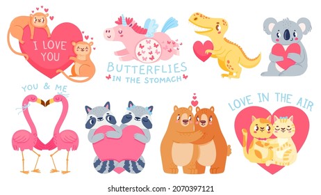 Valentines day animal couples. Cute unicorn with butterflies, cats, bears, koala and flamingo in love. Cartoon animals hold heart vector set. Cute couple greeting animal to valentine day