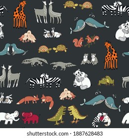 Valentine's day animal couples hand drawn seamless vector pattern