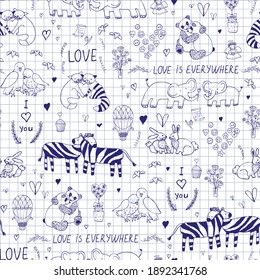 Valentine's Day Animals Couples Hand Drawn Seamless Vector Pattern