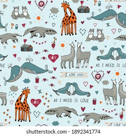 Valentine's day animals couples hand drawn seamless vector pattern