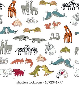 Valentine's day animals couples hand drawn seamless vector pattern