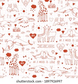 Valentine's day animals couples hand drawn seamless vector pattern