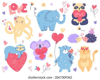 Valentines day animals. Cute kids animals with hearts, funny characters in love, elephant, octopus and sloth, hedgehogs couple, bear with balloon and cat, vector cartoon isolated set