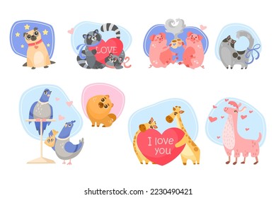 Valentines Day animals vector illustration set. Dog, cat, llama, raccoons, giraffes, pigeons with hearts isolated on white background. Valentines Day, love concept.
