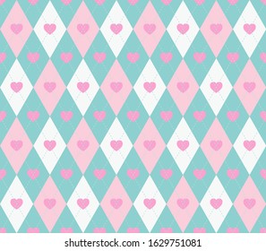 Valentines Day Argyle Plaid With Pink, Green And White Colors. Print For Cloth Design, Textile, Fabric, Wallpaper, Wrapping, Tile, Packaging, Background.