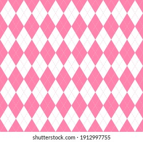 Valentines day Argyle plaid. Scottish pattern in pink and white rhombuses. Scottish cage. Traditional Scottish background of diamonds. Seamless fabric texture. Vector illustration