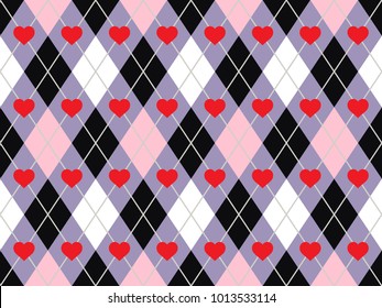 Valentine's Day Argyle Seamless Pattern with Hearts in Pastel Violet, Pink, Red, Black and White. Vector Repeating Pattern Tile Swatch Included.