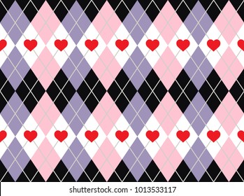 Valentine's Day Argyle Seamless Pattern with Hearts in Pastel Violet, Pink, Red, Black and White. Vector Repeating Pattern Tile Swatch Included.