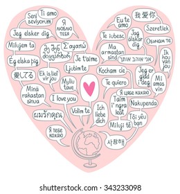 Valentine's Day around the world. Globe with comic bubbles with words "I love you" translated in many various languages. Greeting card, poster, banner for language school or travel agency.