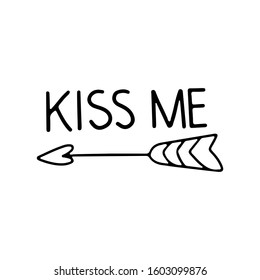 Valentines Day arrow with kiss me lettering isolated on white background. Template for stickers, greeting scrapbooking, congratulations, invitations, planners, wedding