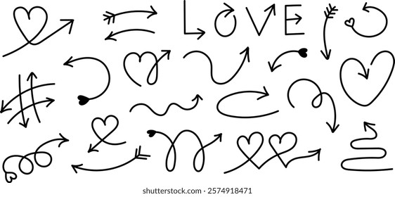 Valentine's Day Arrows Set. Line hand drawn curved and straight pointer in different directions, decorated with hearts. Black outline elements with editable stroke. Love and romantic concept