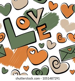Valentines day art. Background vector seamless pattern with falling hearts and love letter in green, orange and white colors. Seamless abstract background.