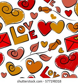 Valentines day art. Background vector seamless pattern with falling hearts, flowers and love letter in yellow, orange and red colors. Seamless abstract background on a white.